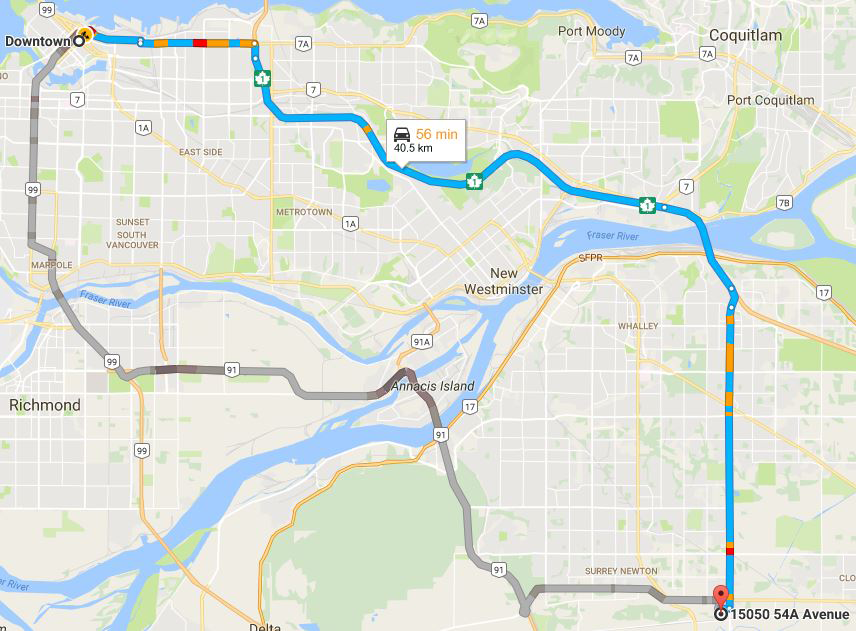 Map of the route from downtown Vancouver to IWG in Surrey