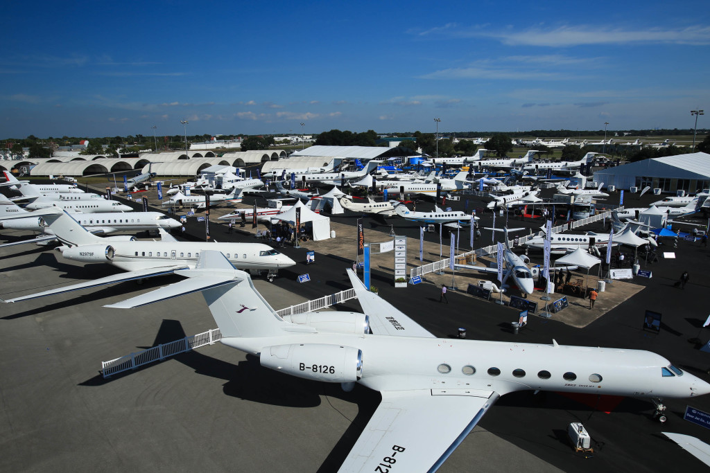 Business jets on static display at an aviation event
