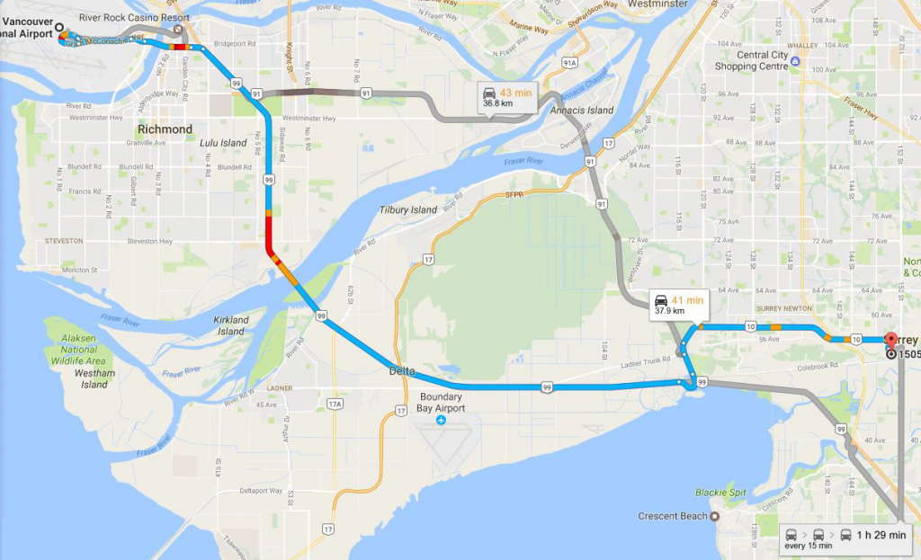 Map of the route from Vancouver airport to IWG in Surrey