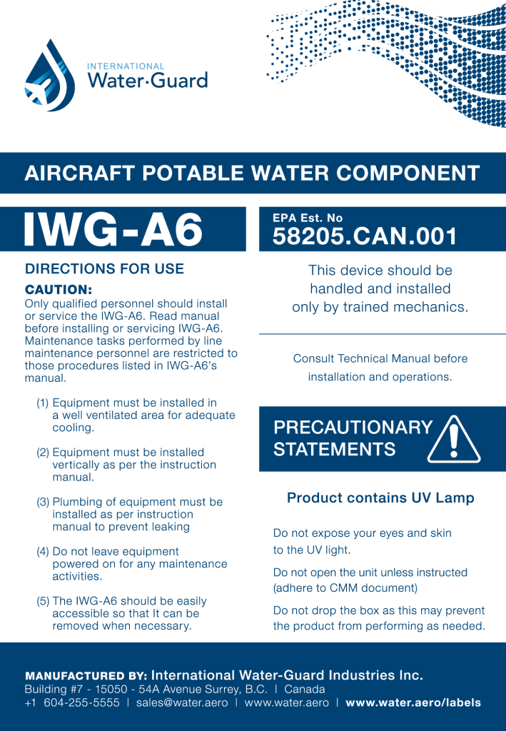 IWG-A6 aircraft potable water component label