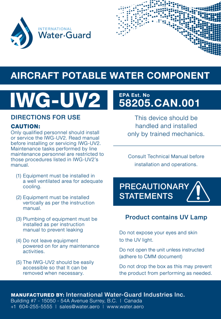 IWG-UV2 aircraft potable water component label