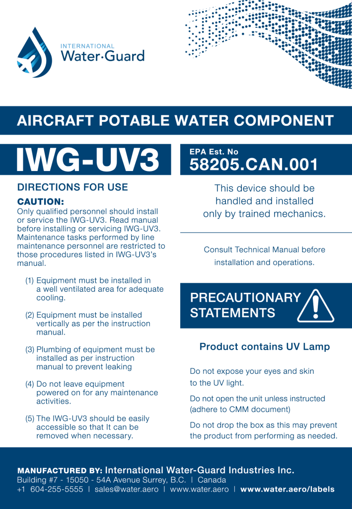 IWG-UV3 aircraft potable water component label